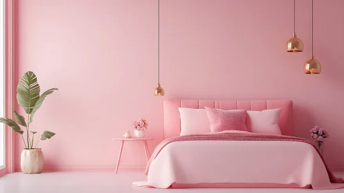 Monochrome pink bedroom interior with minimalist styling.