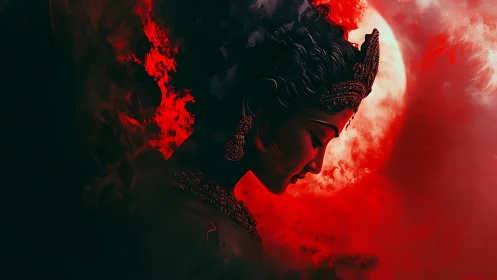 Divine red goddess profile against burning lunar halo.