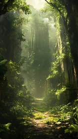 Forest path with canopy light and vegetation coverage