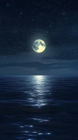 Full moon illuminates calm ocean surface under star field