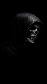 Hooded skeletal figure rendered with high-contrast chiaroscuro lighting