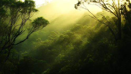 Misty forest canopy with atmospheric sunlight filtering through trees