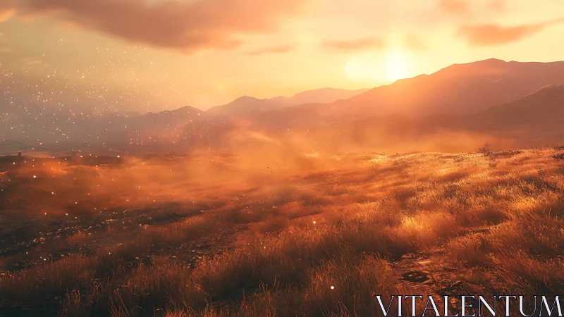 Sunlit grassy plain extends toward distant hazy mountains at dusk