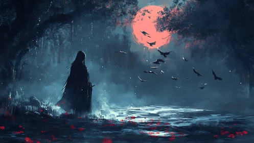 Dark cloaked figure under red moon in misty forest pond.