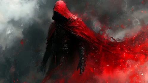 Crimson wraith in storm-scarred shadows of burning dusk.