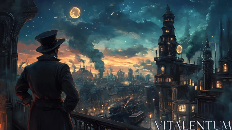 Steampunk gentleman surveys a luminous industrial skyline at dusk.