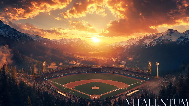 Sunset baseball game glowing in a peaceful mountain valley.