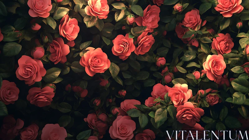 Red Roses with Green Foliage Against Dark Background
