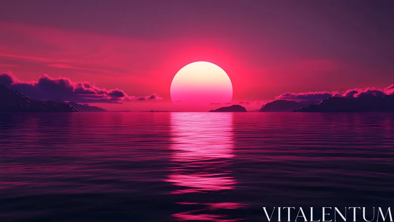 Neon magenta seascape with oversized sun and specular water gradient