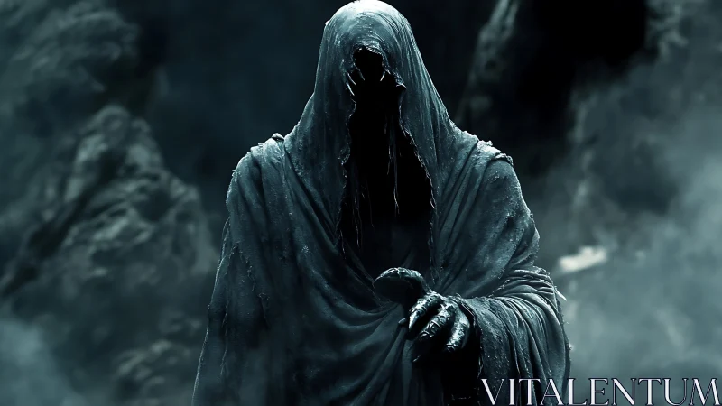 Hooded wraith in tattered cloak stands in dark rocky mist.