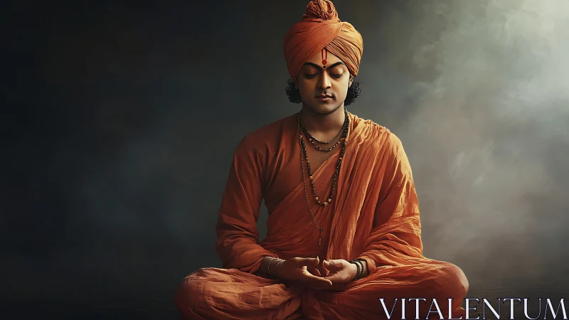 Saffron-robed mystic in deep meditation amid twilight hush.