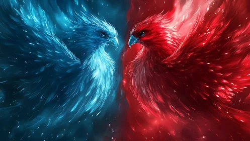Majestic Blue and Red Birds Face Off in Vibrant Digital Art.
