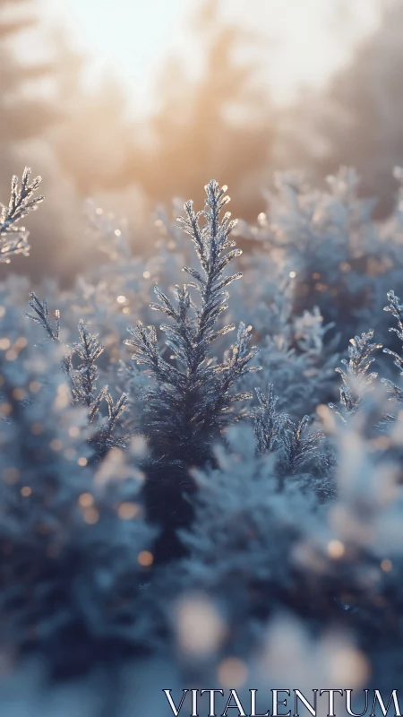 Frosted evergreen branches glow softly in winter sunrise.