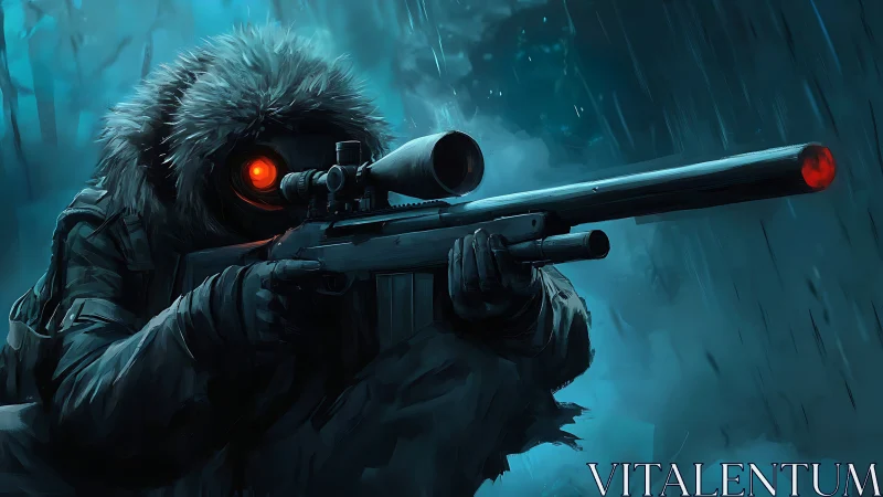 Anthropomorphic creature with rifle and illuminated optical systems in rain