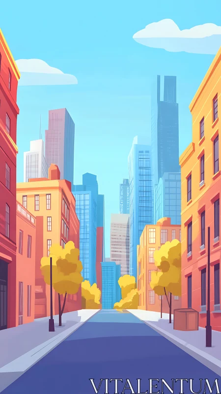 Urban street canyon with midrise blocks and glass towers.