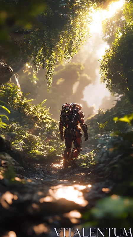 Armored explorer walking through sunlit overgrown jungle.