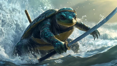 Armored turtle warrior with katana in stormy surf.