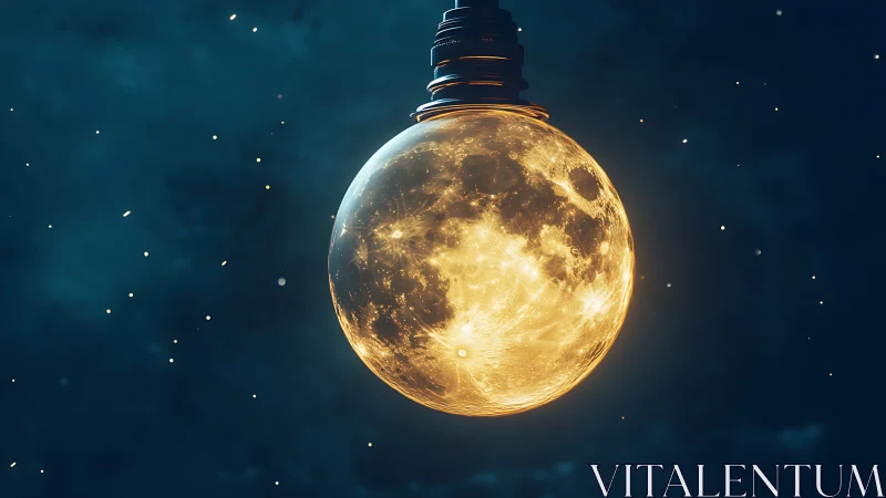 Luminous moon bulb suspended in cosmic teal night sky.