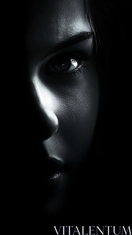 Luminous half-lit eye emerging from deep shadowed darkness.