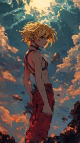 Sunlit warrior stands defiant amid burning evening clouds