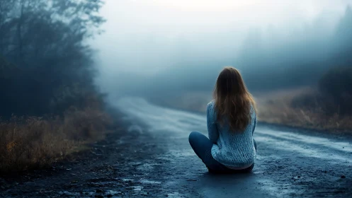 Person seated on wet rural road in dense morning fog.