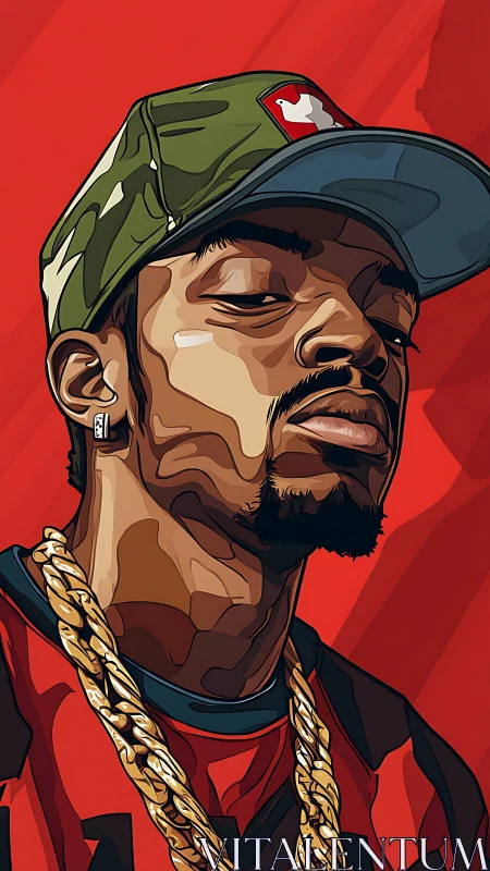 Vectorized hip hop portrait with faceted shading on red field.