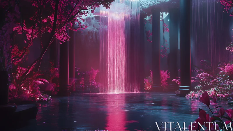 Glowing pink waterfall pours softly into a tranquil dream pool