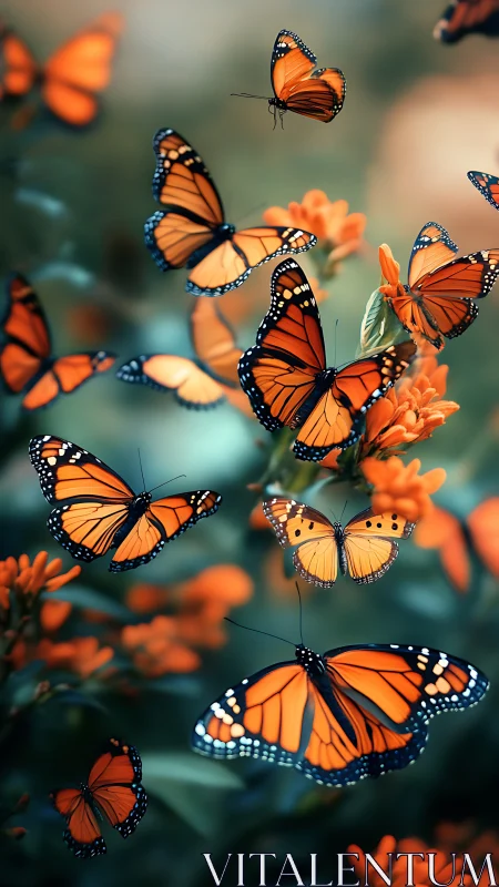 Monarch butterflies swirl through blurred teal garden glow.