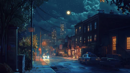 Digital painting of moonlit urban street with cinematic depth.