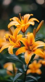 Golden lilies blooming with dark foliage backdrop.