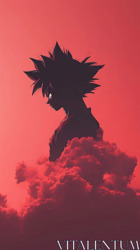 Minimalist anime silhouette in monochrome crimson cloudscape.