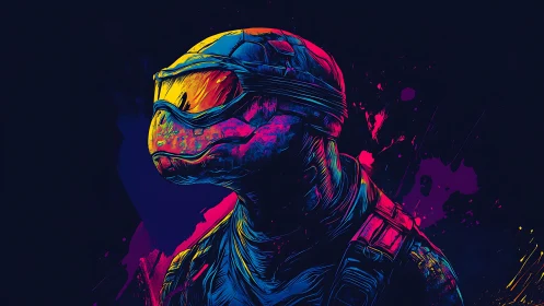 Neon-armored turtle warrior under vivid splatter light.