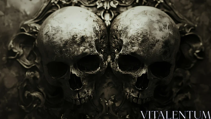 Twin metallic skull reliefs with baroque ornamental framing.