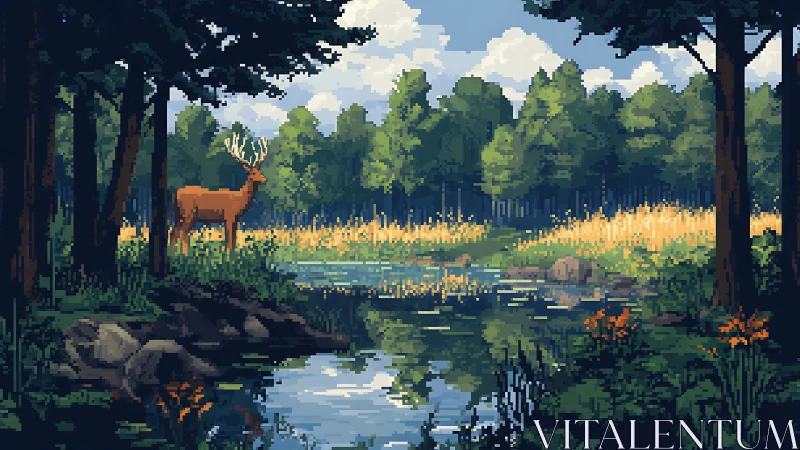 Pixelated forest landscape with deer and stream amid dense woodland.