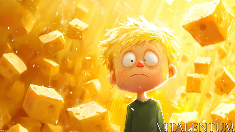 Dazed kid under a surreal golden downpour of flying cheese.