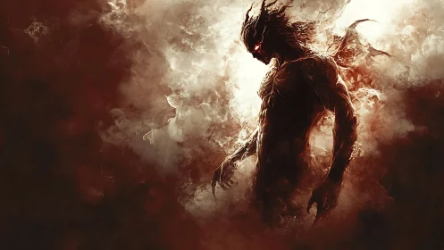 Demonic humanoid figure emerging from swirling fiery smoke.