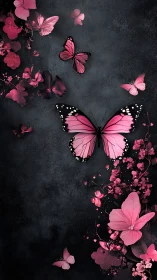 Pink butterflies drift over dark floral textured backdrop.