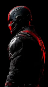 Midnight tactician in crimson armor scans the void.