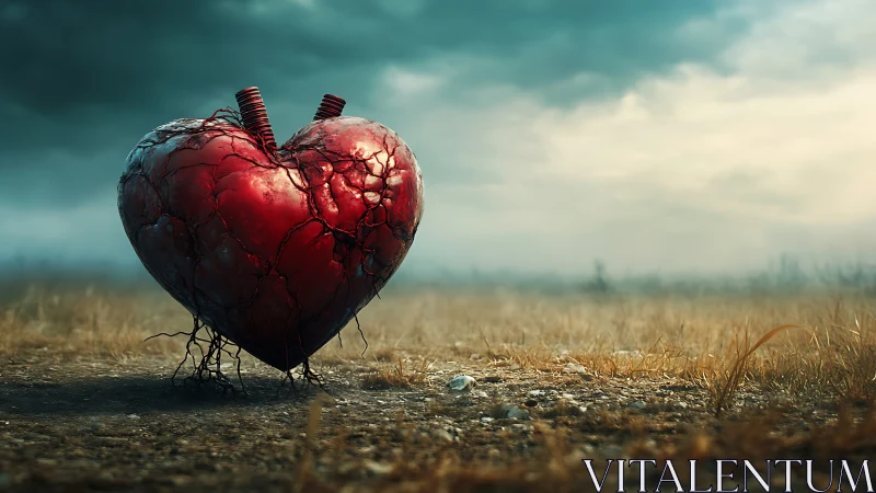 Corroded biomech heart rooted in desolate fieldscape.
