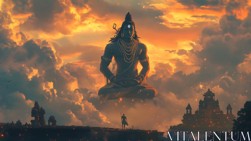 Giant meditating deity figure hovers above temples at sunset