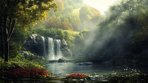 Whispering waterfall glade soaked in storybook morning light.