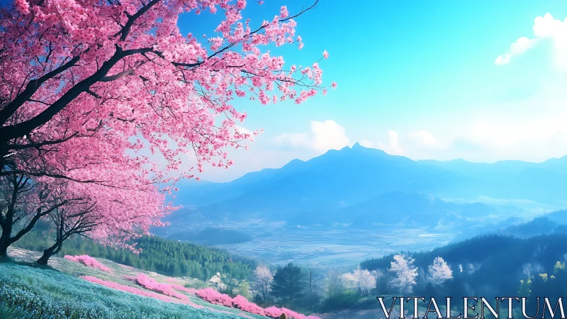 Cherry blossom hillside overlooking distant mountain valley.