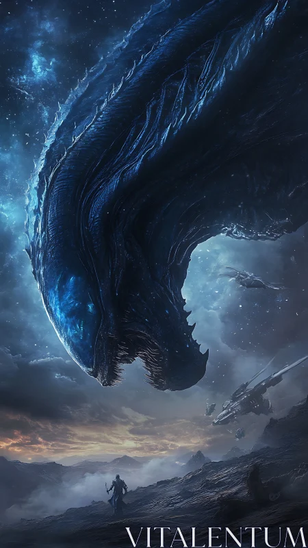 Colossal bioluminescent space leviathan confronts lone armored figure