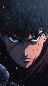 Battle-hardened warrior glare under storm-lit shadows.