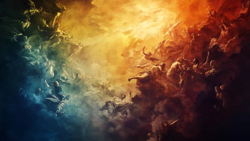 Radiant celestial gathering in swirling golden and blue skies.