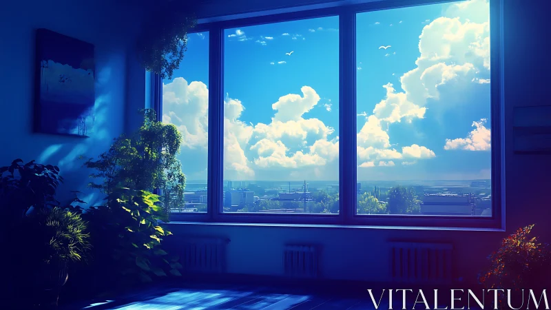 Sunlit city window frames dreamy blue sky serenity