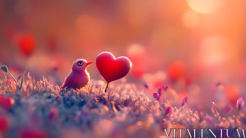 Tiny songbird clutches crimson heart amid golden grassland reverie