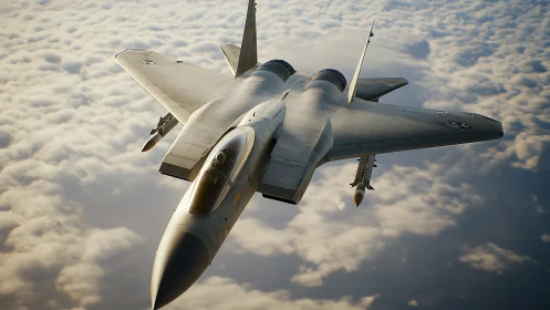 Sleek fighter jet gliding calmly above glowing clouds.