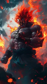 Flaming muscular warrior figure amid swirling fire clouds.