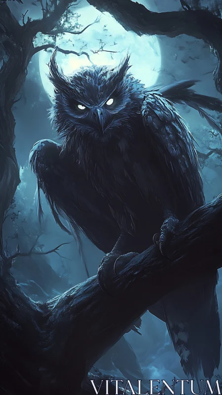 Moonlit demon owl glares from twisted forest shadows.